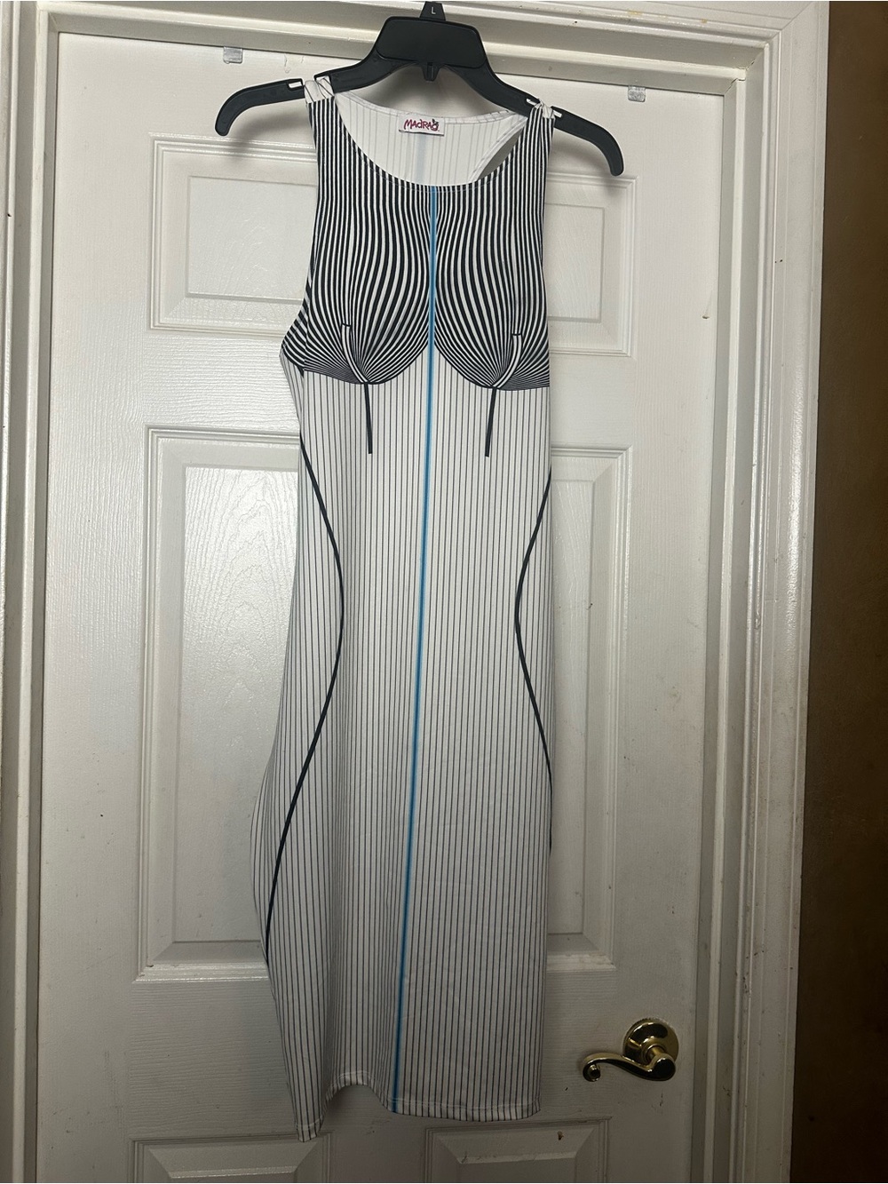 MACH & MACH White Pinstripe Midi Dress with Black Accents and Blue Trim